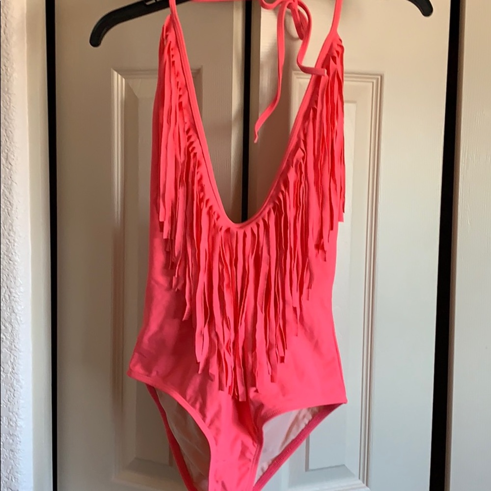 Low cut fringe one piece swimsuit